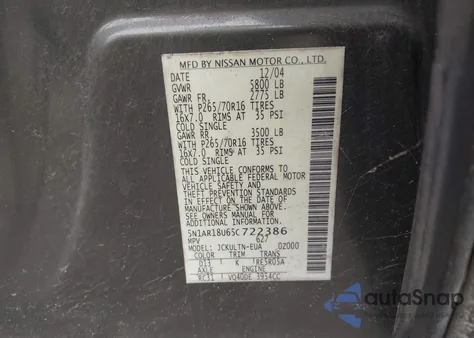 2005 Nissan Pathfinder Se z USA, uszkodzony, nr VIN 5N1AR18U65C722386